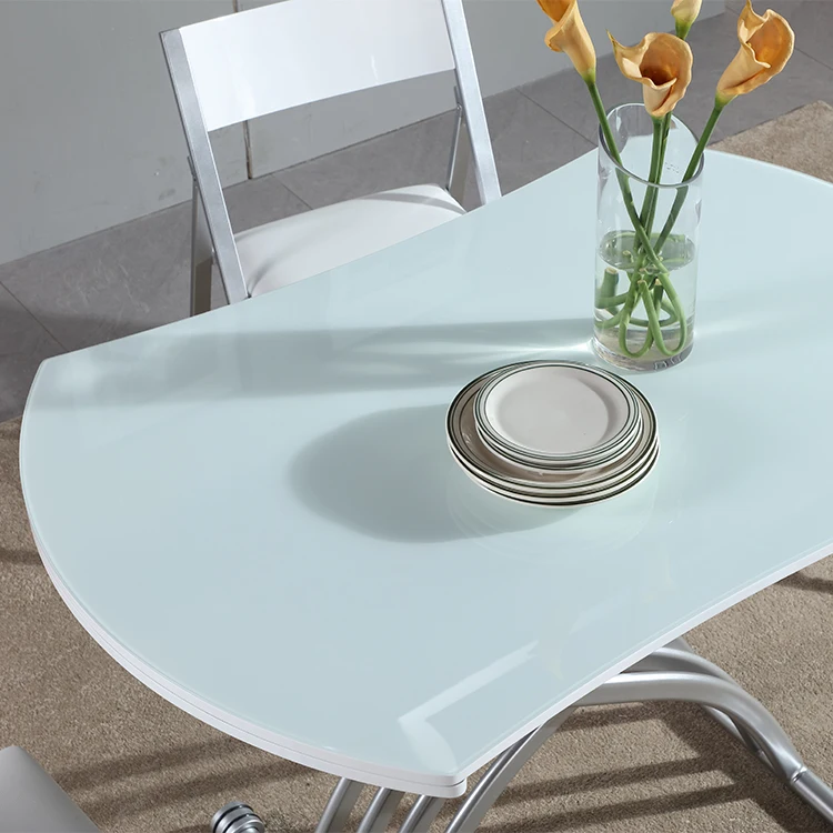 Modern Home Furniture Rotate Expand Lift Glass Top White Dining Table For Living Room