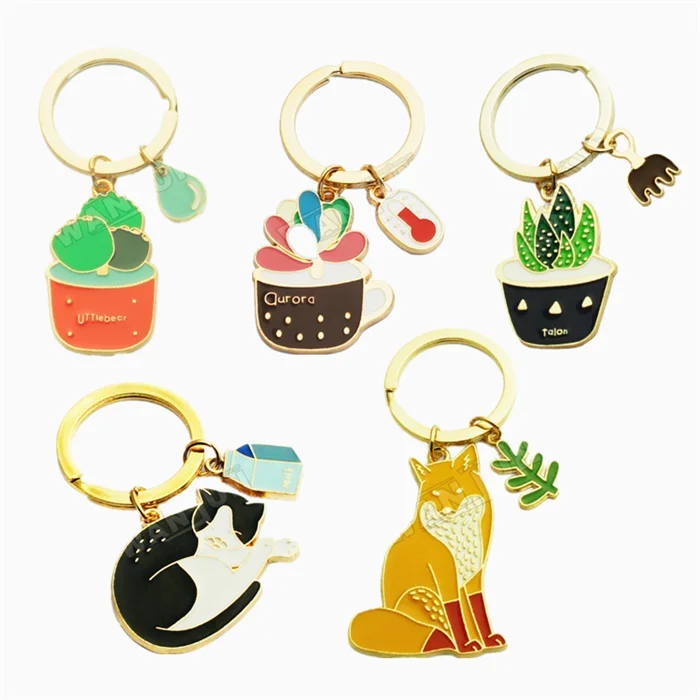 Colorful metal soft enamel potted alocasia succulent cactus plant themed leaf keychain