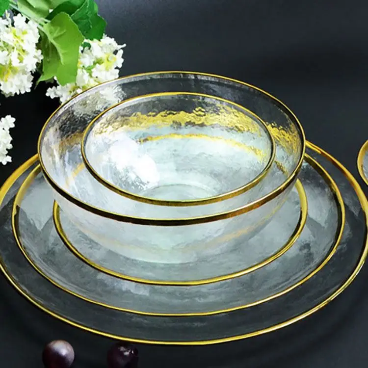 Стеклянная обеденная тарелка в скандинавском стиле с золотым ободком, прозрачная десертная чаша, блюдо в западном стиле, поднос для салата, фруктовая тарелка, наборы посуды, маленький минимальный заказ