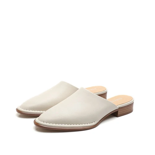 Flats Slippers Women Female Ladies Mother Genuine Black Leather Mules Dress Shoes Chunky Heel Pointed Toe