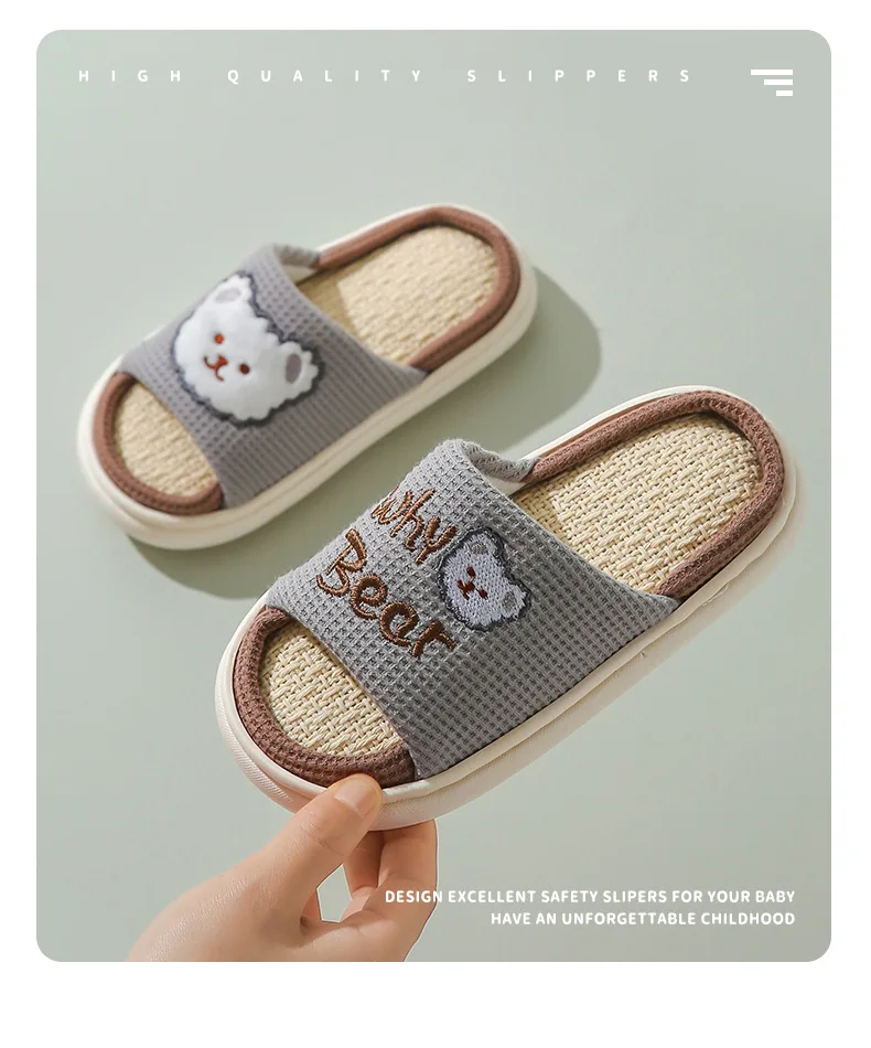 2022 Cartoon Bear Rabbit Linen Slippers For Children Floor Indoor Summer Shoes Cotton Mute Home  Non-slip Slides Slippers