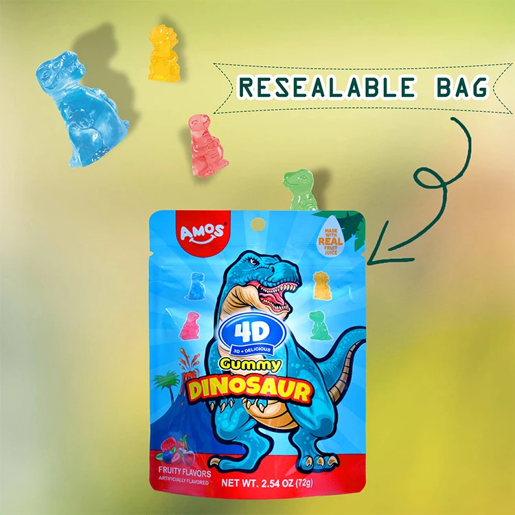 Amos 4D Assorted Flavored Wholesale Customized Bulk 3D Soft Fruit Fresh Strawberry Gummy Candy Dinosaur Sweets