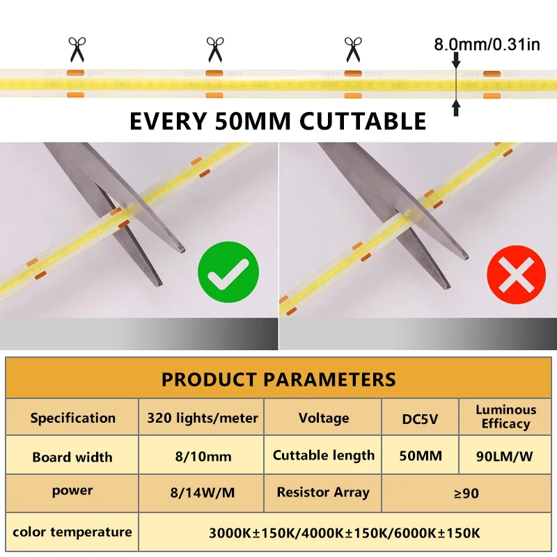 Tape Dimmable 8W 14W/M Flexible Lights DC5V Rope 320LEDs 8MM 10MM Smart COB LED Strip Light