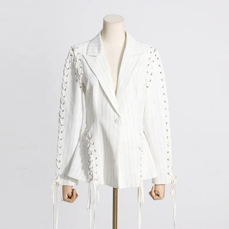 OUDINA New Fashionable Ladies Suit Jacket Lace-up Design Waist Striped Slimming Women Blazer