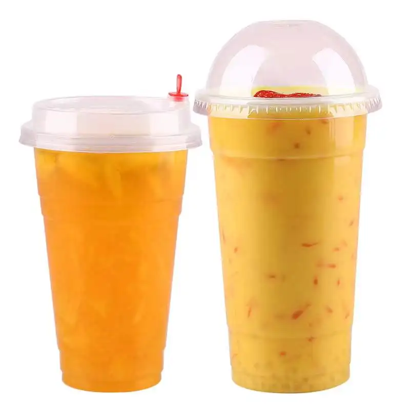 Factory Wholesale Gobelet En Plastique Bubble Tea Plastic Cup With Lid Fork Fruit Milk Tea Pp Pvc 24 Oz Cup Square Boba Cups