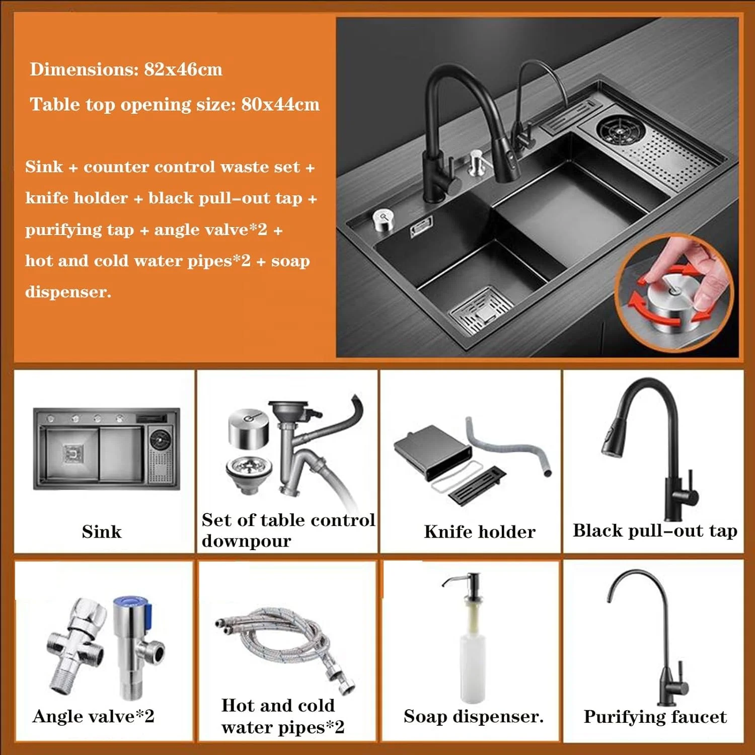 Manufacturer Stainless Steel Anti-scratch Handmade single bowl sinks dish storage rack smart sink kitchen with glass rinser