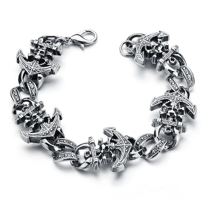Панк череп и лодка дизайн Achor посеребренные звенья цепи талисманы браслет для мужчин