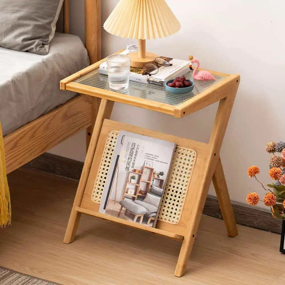 Multifunction Glass Rattan End Side Table for Living Room Bamboo Nightstand Wood Coffee Bedside Table with Magazine Holder