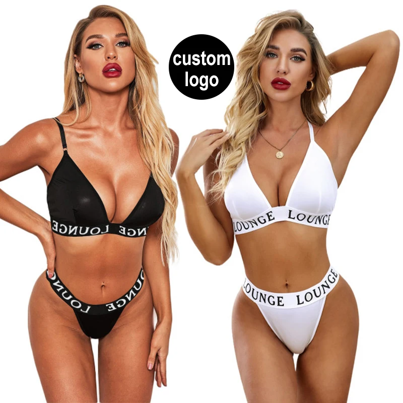 Wholesale Bra Manufacturers High Quality Stylish Letter Print Halter Sexy Ladies Push Up Women Wire Free Bra Set