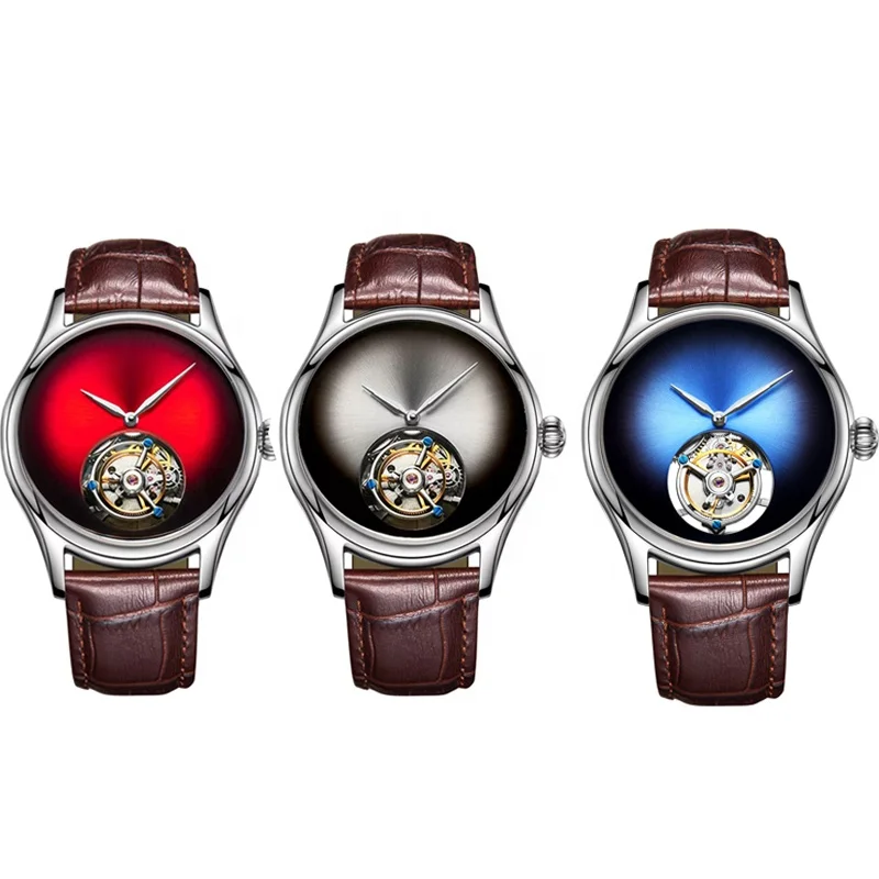 Brown Leather Strap Watch Silver Luxury Watch OEM 4Colors Gradient Leopard Eyes Dial Tourbillon Watch