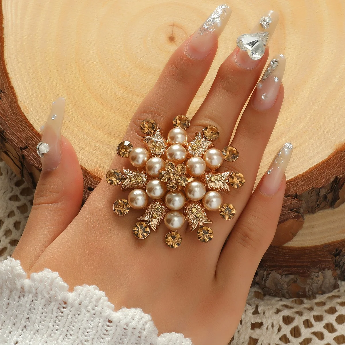 Luxury Pearl Big Flowers Joint Rings for Women Kpop Vintage Gold Metal Adjustable Ring Bridal Wedding Party Jewelry Anillos