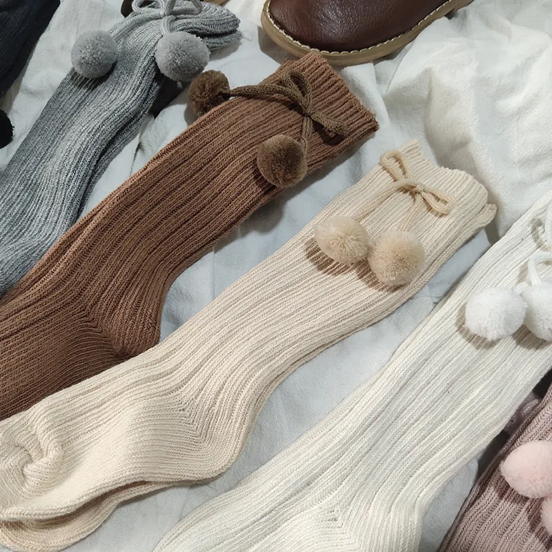 LRT New Design Wholesale European Knit Cotton Baby Knee High Socks Custom Cute Winter Pompon Ribbed Kids Long Socks