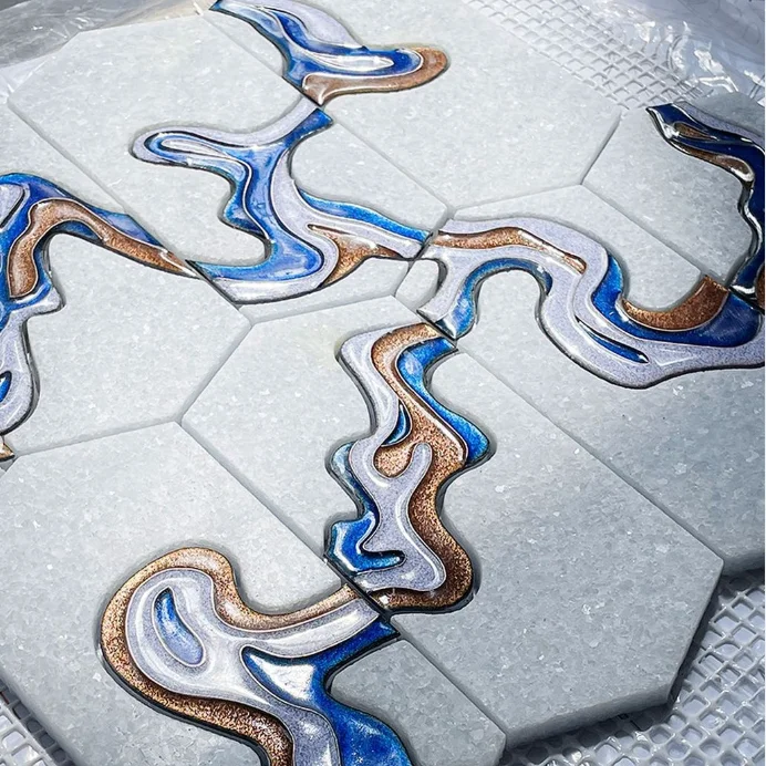 High luxury chinese opera waterjet tile art pattern cloisonne Mosaic with a blue flow pattern wire cutting process marble mosaic