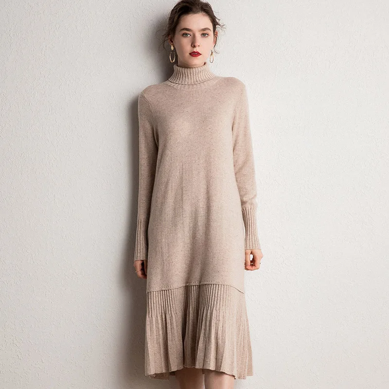 2022 New Autumn Warm Fashion Women Long Turtleneck 100% Wool Cashmere Dress Ladies