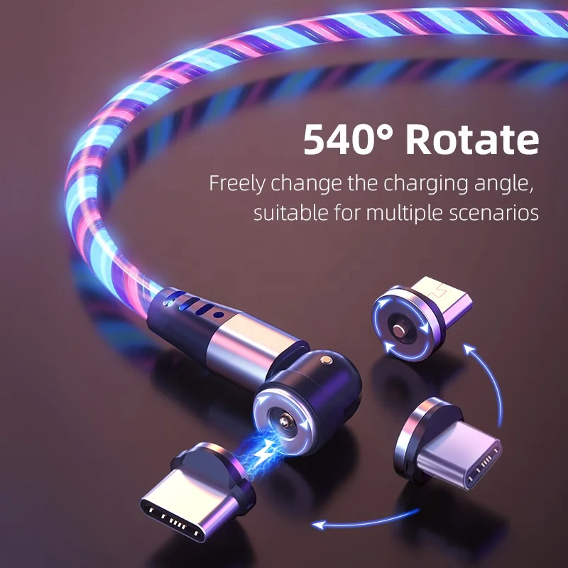 
2021 Popular 2m/6ft 2A 540 Degree Flowing LED Magnetic USB Cable For 3 in 1 