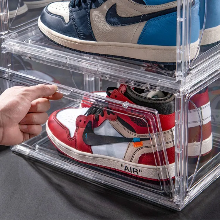 Fashion PET Basketball Sports Shoe Organizer Plastic Magnetic Side Open Stackable Folding Clear Display Shoe Storage Box