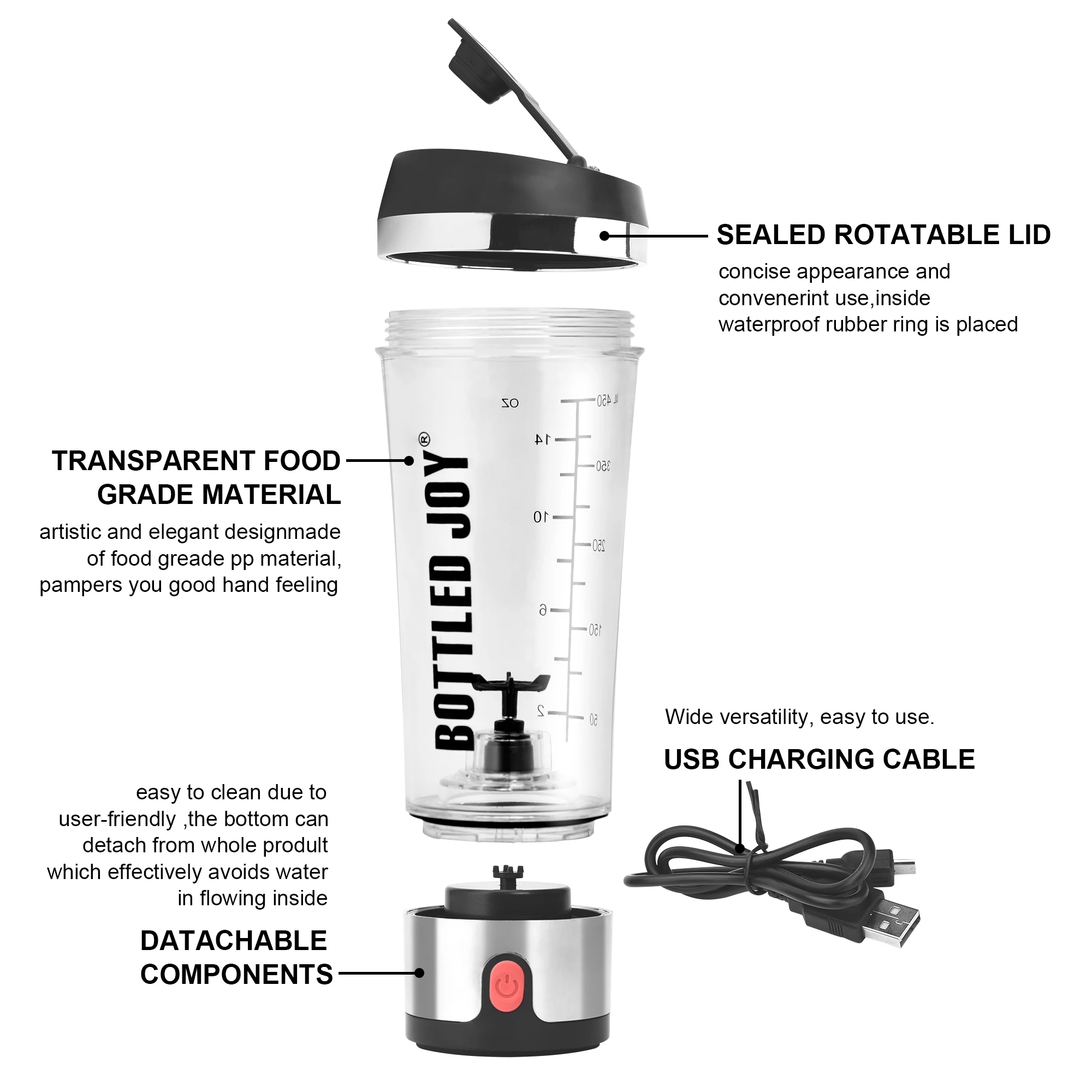 
2019 New BPA Free 450ml USB Rechargeable Automatic Electric Vortex Bottle Shaker 