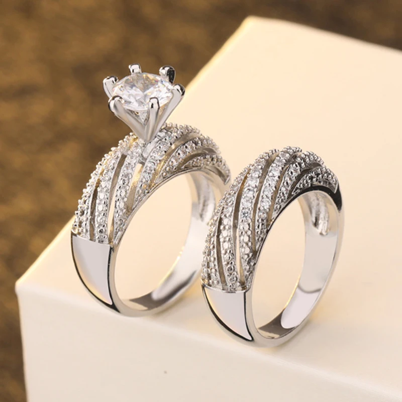 Luxury 2pcs/set Gemstone Diamond Ring Set Top Quality Party Wedding Rings For Women Accept Custom Silver Sterling 925 ZRR955