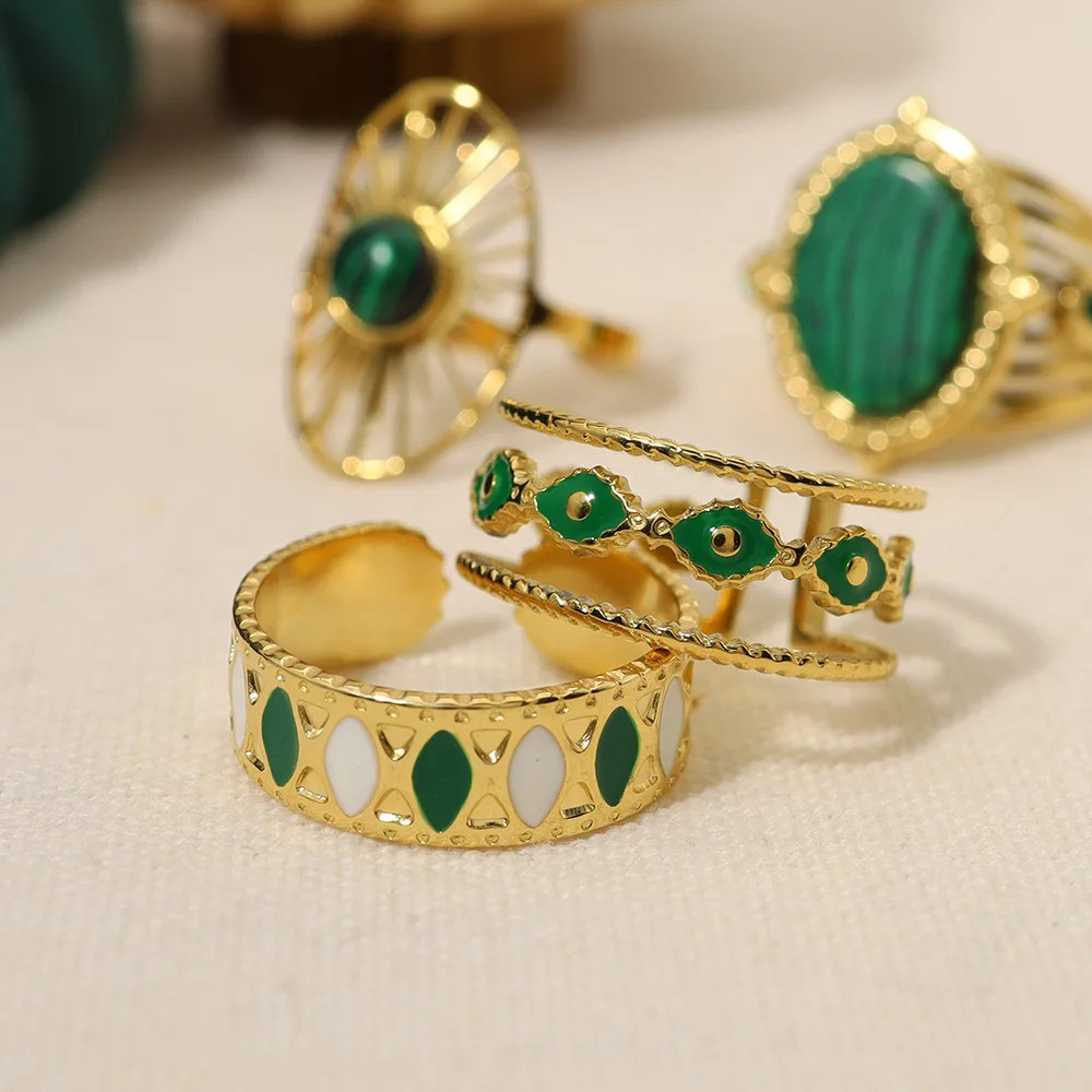 French New 18K Real Gold Stainless Steel Ring Inlaid with Peacock Stone Green Series Ring Foreign Trade Jewelry Wholesale
