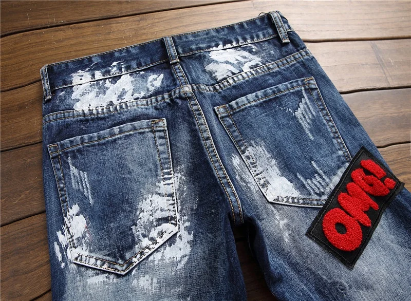 motor & biker hip hop regular paint patch embroidery patchwork jeans mens