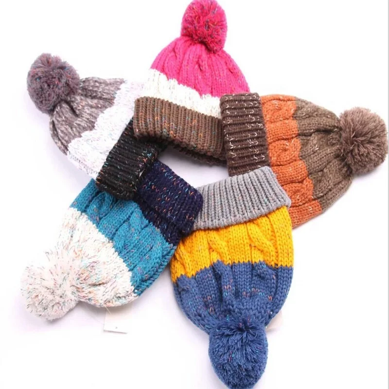 custom mens  solid acrylic cable knit bobble hats beanie with woven label