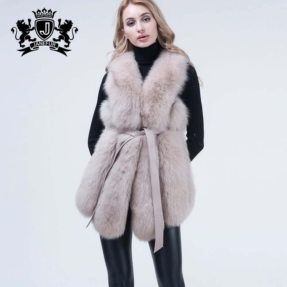Janefur Fur Gilet Real Fox Fur Vest with Leather Belt Winter Fur Vest for Women