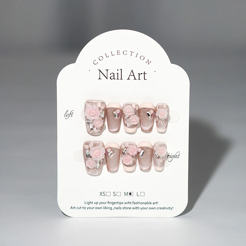 High Quality Luxury Diamond False Nails Extra Long 3D Carving Flower Designer 3D Handmade Press On Nail