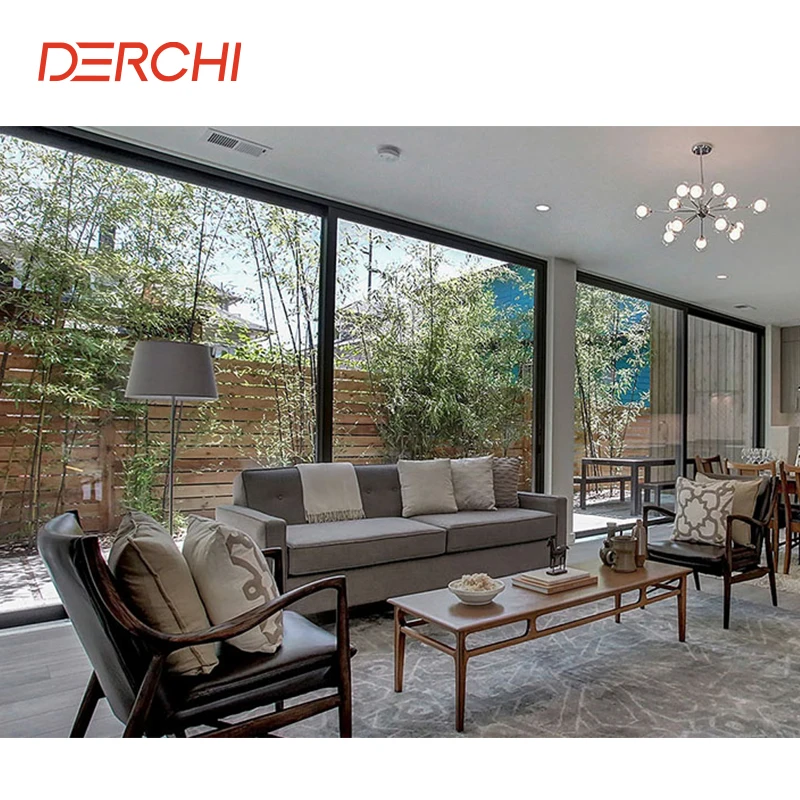 DERCHI moden slim frame black aluminium full view tempered glass external sliding door hurricane impact sliding patio doors