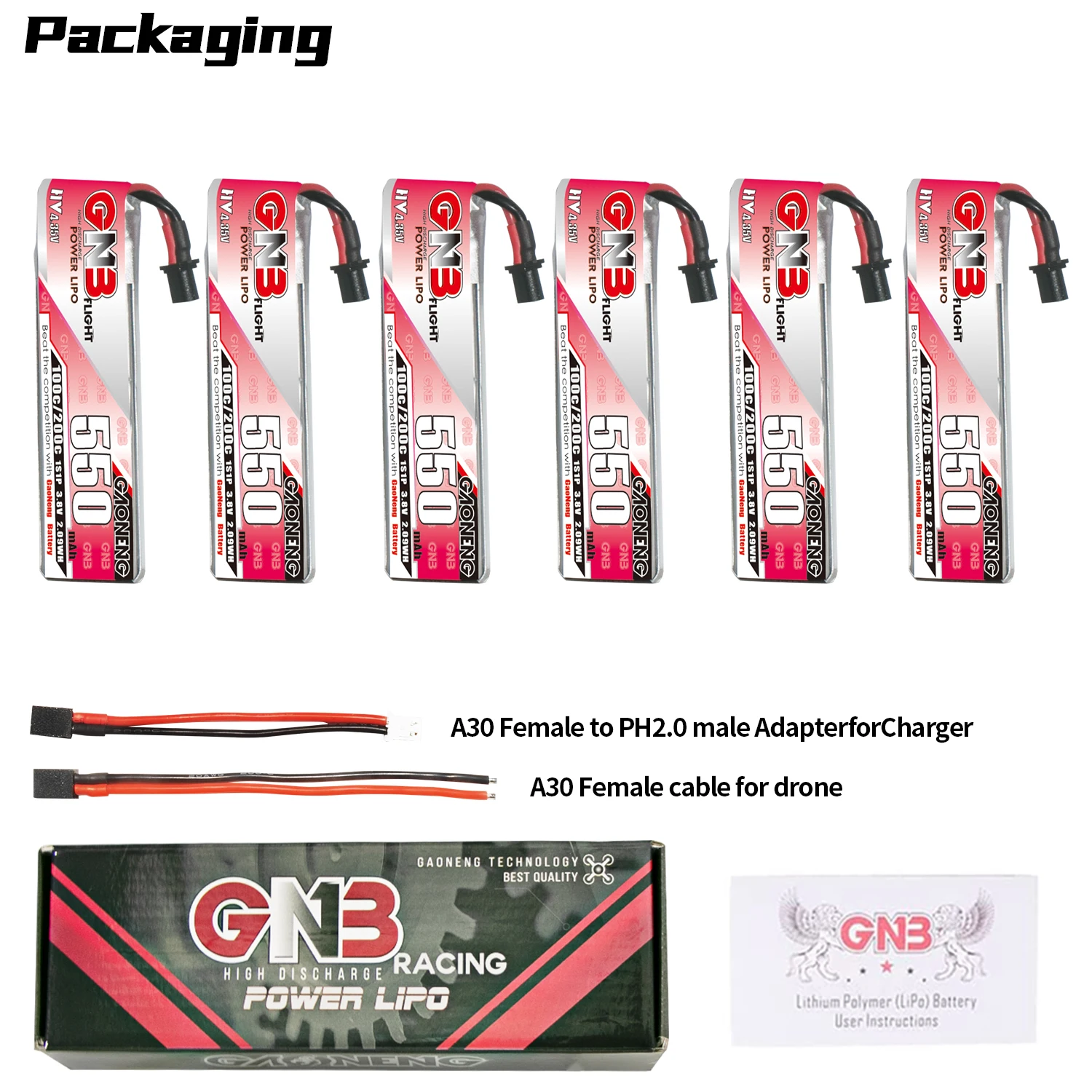 GAONENG GNB 1S 3.8V HV 550MAH 100C A30 Cabled RC LiPo Battery Mini Quads FPV Drone Mini Micro Whoops PowerWhoop Quad Quadcopter