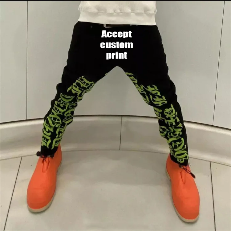 Custom Street Hip Hop full length Washed Waxed puff print stacked mens ripped denim jeans