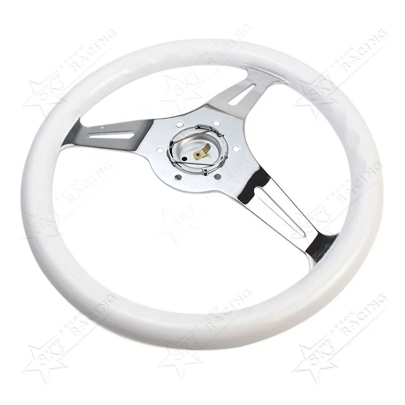 Real Wooden Classic Vintage ND 14inch 350mm Chrome Spoke Universal 14 Inch White Wood Steering Wheel with ND Logo