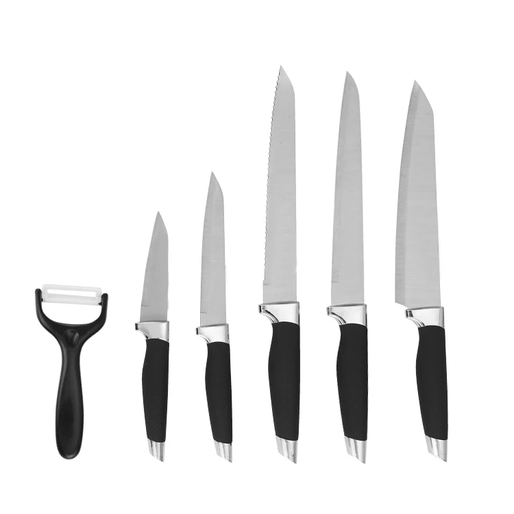 Custom OEM ODM 6 piece kitchen knives set with ceramic peeler chef slicer serrated fruit paring boning carving knife
