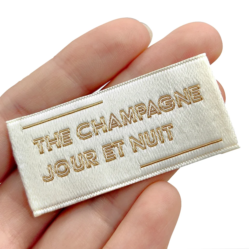 High Density Gold Custom Woven Labels Clothing Fabric Center Fold Damask Woven Labels Neck Tags