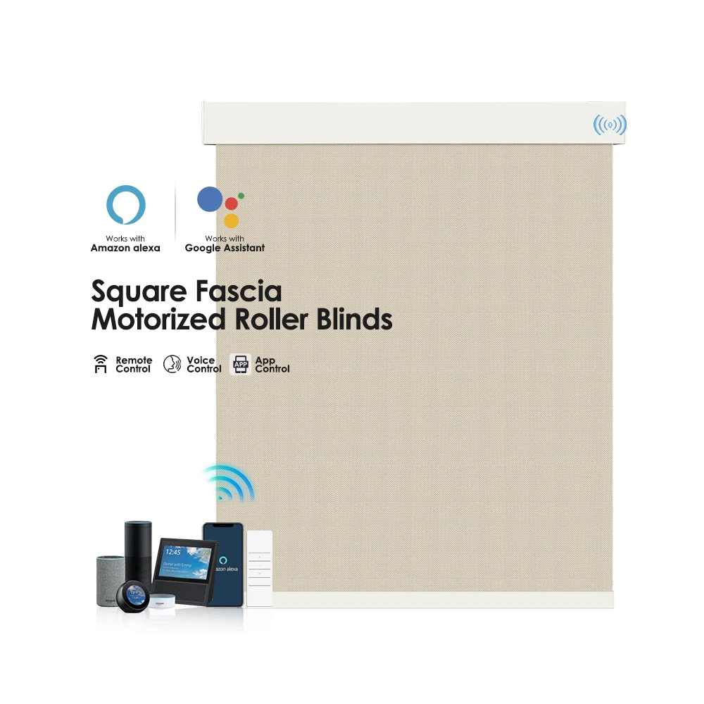Smart Blinds Motorized Roller Shades with Matte Square Fascia or Fabric Wrapped Cover Electric Roller Blinds