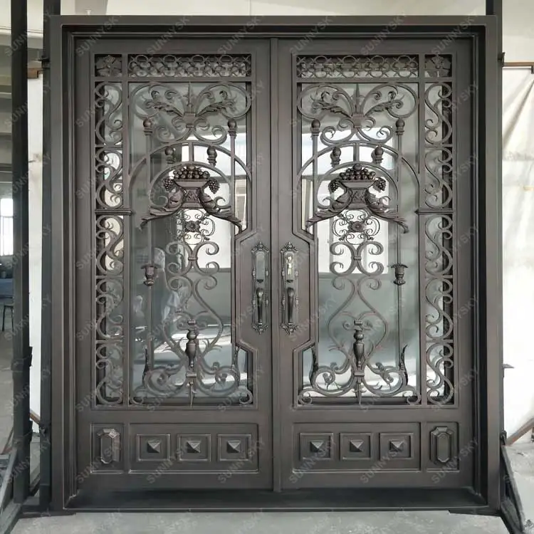 XIYATECH Fancy American Wrought Iron Double Door Iron Pipe Door Design Security Steel Entry Main Front Door For Villa