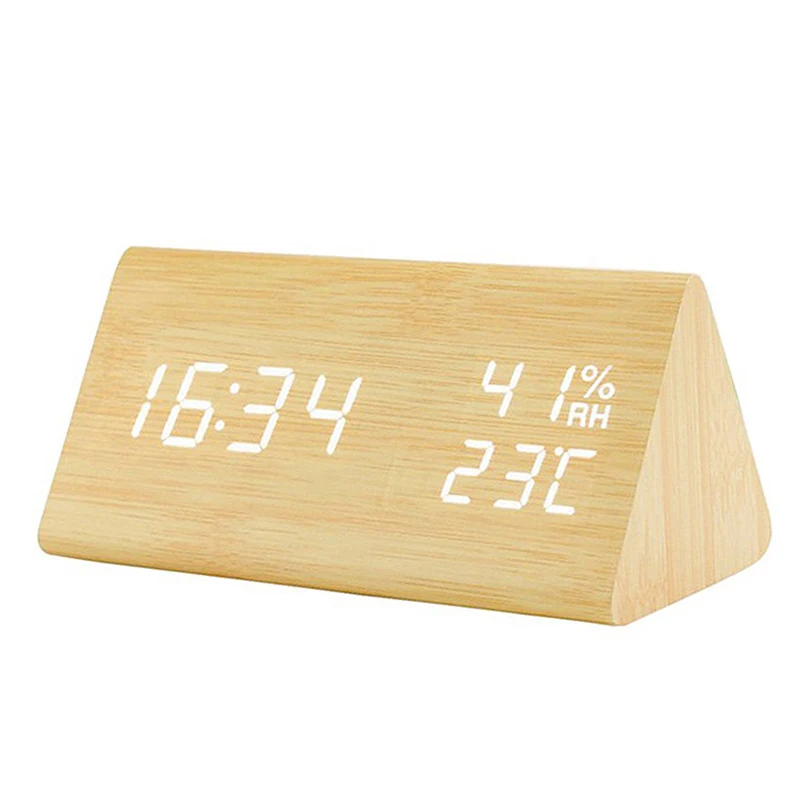 Triangle Digital Alarm Clock Wooden Electronic LED Time Display Alarm Humidity Temperature Electric Clocks