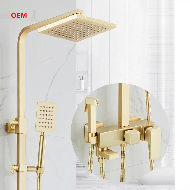 Luxurious Shower Faucet Brushed Gold all Metal Rainfall Bathroom Mixer 3 Function Cold and Hot Bathtub Tap