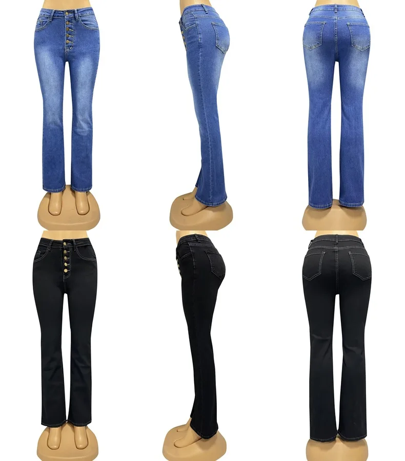Women Streetwear Flared Jeans Elastic Plus Size Button Trousers Casual Boot Cut Pants High Waisted Stretch Blue Denim Jeans