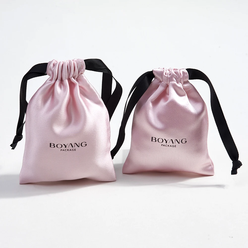 Boyang Wholesale Small Drawstring Pink Silk Satin Jewelry Pouch Bag Custom Logo