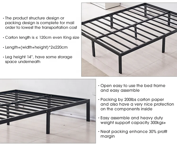 Black Minimalist Steel Ribs Queen Double Size Strong Load Capacity 300Kg+ Metal Loft Upholstered Soft Bed Frame Base