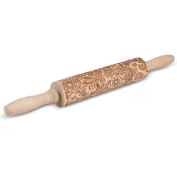 Wooden pastry embossing roller rolling pin with handle classic texture baking tool