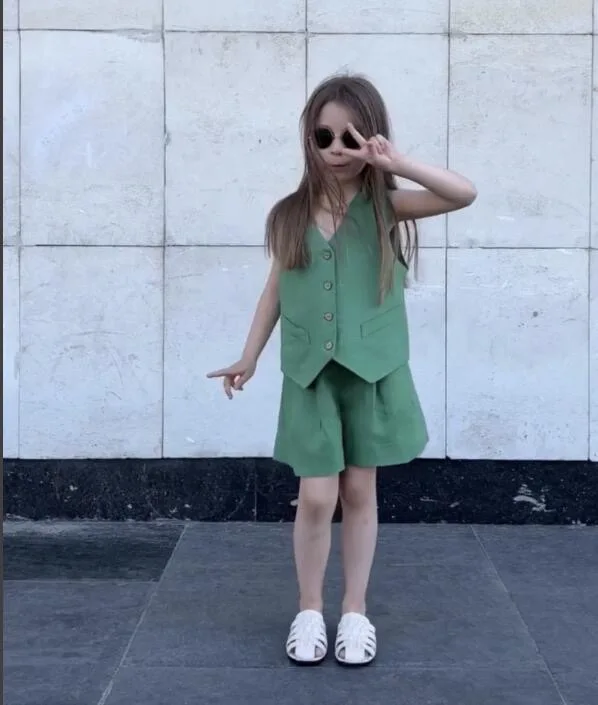 Custom Russia Australia Linen Kids Suits Summer Sleeveless Vest Shorts 2 Pieces Kids Girls Outfits