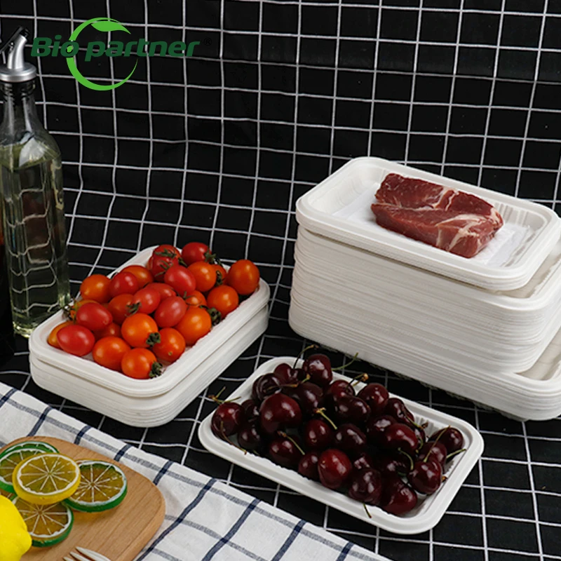Customized Logo Biodegradable Frozen Dough Blister Packaging Fresh Mushroom Fruit Corn Starch Supermarket Tray Disposable