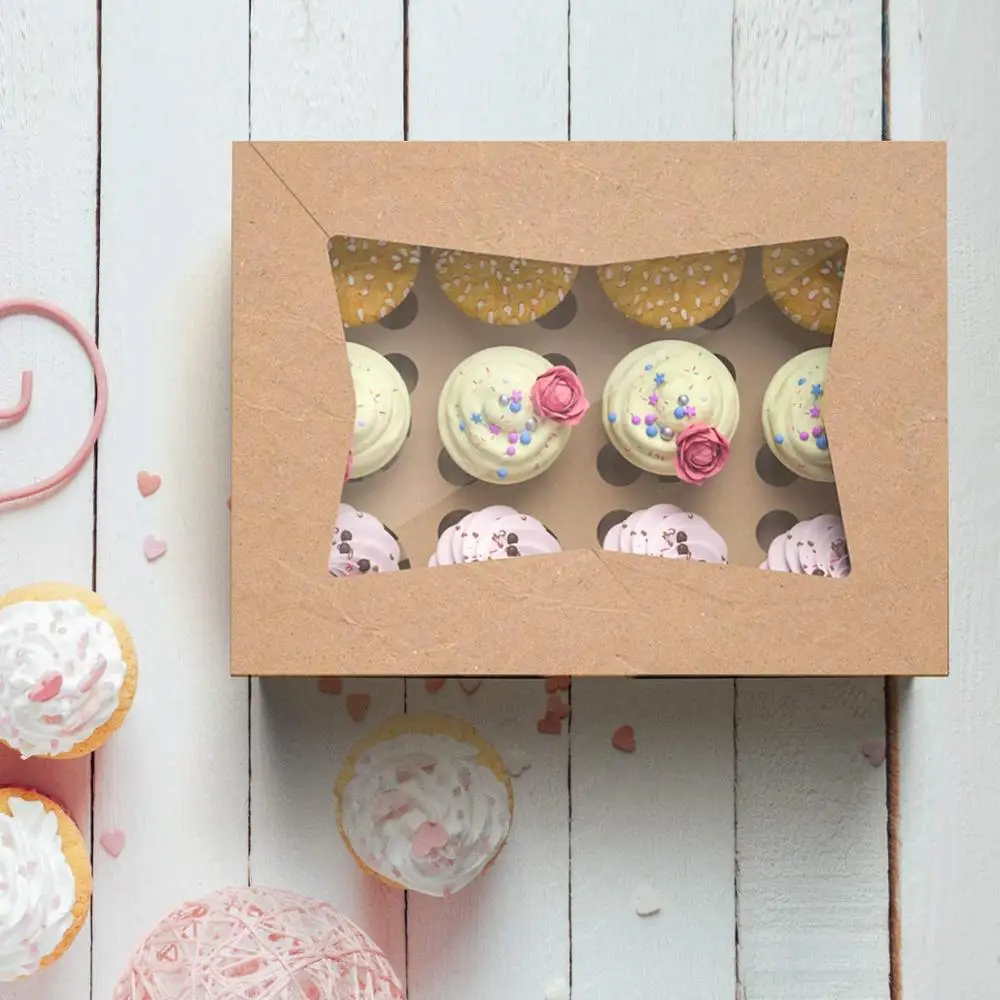 Bulk Kraft Paper Window Clear 4 6 12 24 Hole Muffin Cup Cake Cupcake Packaging Box Wholesale Custom Transparent Mini Cupcake Box