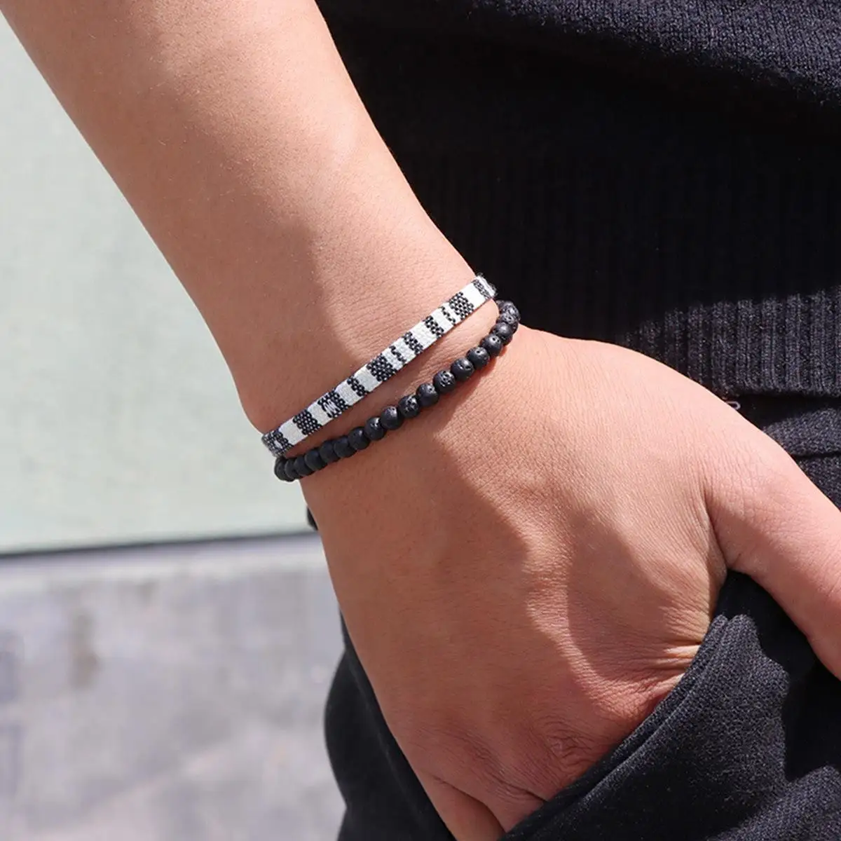 2 Pcs Set Bohemia Style Handmade Woven Tape Bracelet with 4mm Lava Stone Beads Charm Bracelet for Men and Women