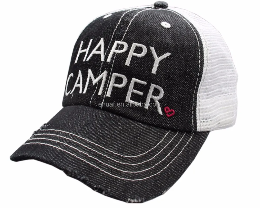 6 panel cotton denim and mesh embroidery distressed washed camper camping cap snap back hat