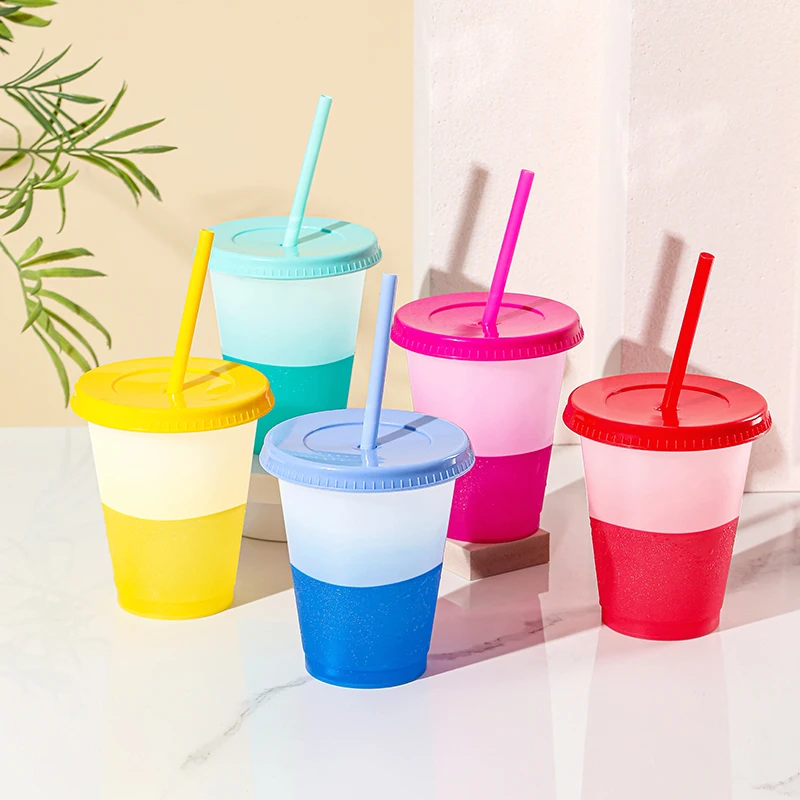 16oz Small Cute Reusable Plastic Travel Cups Coffee Tumbler Ice Cold Water Color Changing Cup With Lids and Straws