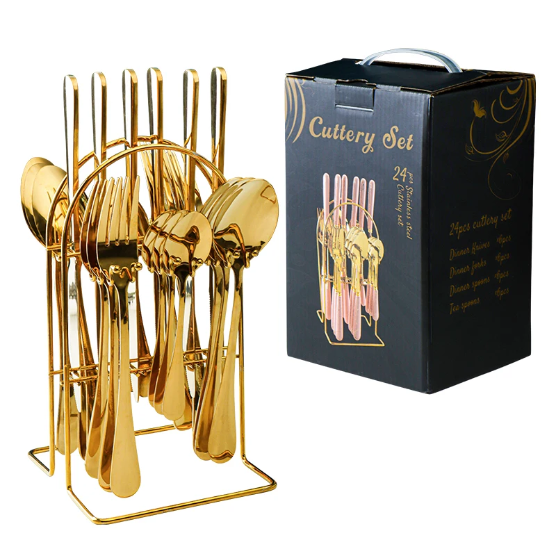 Amazon hot selling Wholeware Luxury Flatware set for Knife Spoon Fork 24 PCS Matte Gold Stainless Steel Cutlery Set with box