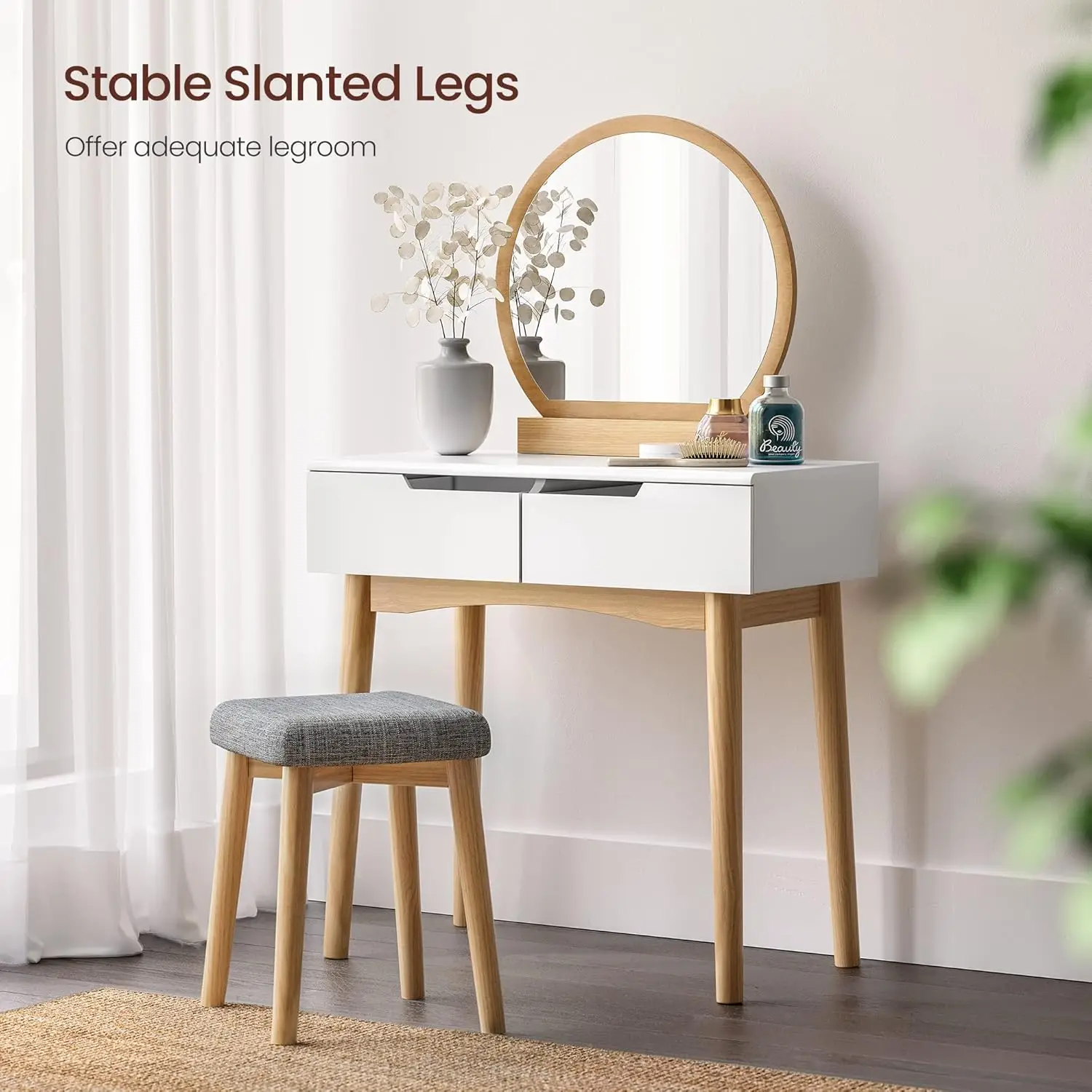 White Wooden Vanity Table Set with 2 Drawers Mirror Cushioned Stool for Girls Bedroom Dressing Furniture MDF Style