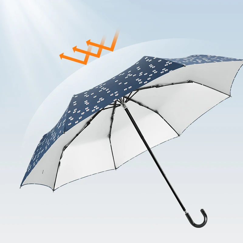 Silver Uv Protection Customised Print Flower Pattern Three Folding Umbrella With Pu Leather J Handle Folding Umbrella